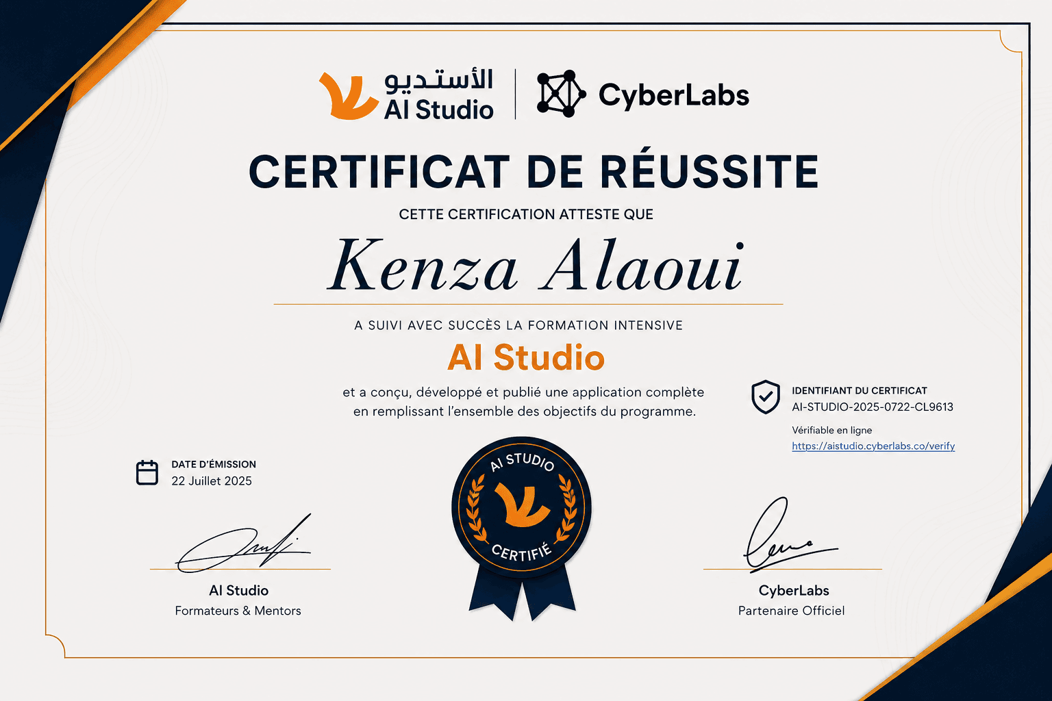 Certificat de réussite AI Studio × CyberLabs